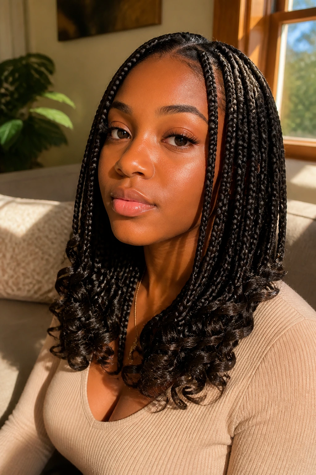 Close-up of a real woman with curled-end singles showing curled braid tips
