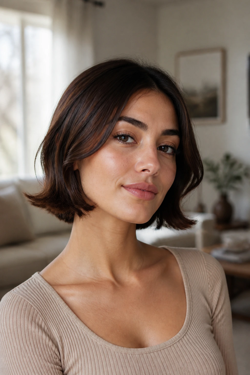 Close-up of a woman with outward-curled hair creating collarbone length illusion.