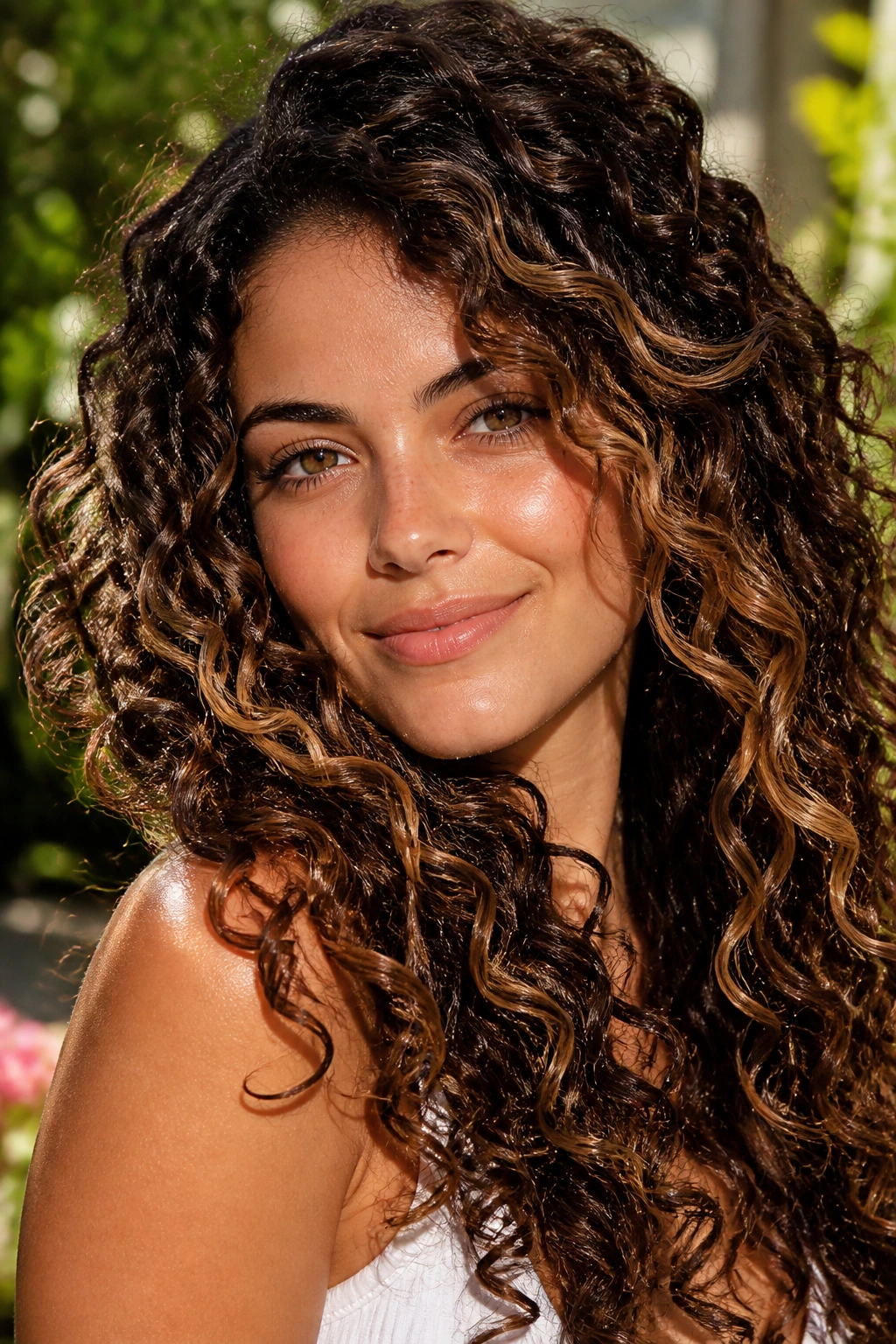 Portrait of a woman with curled ribbon highlights in dark hair