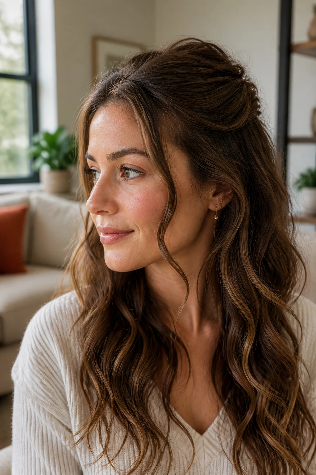 Portrait of a woman with curled tendrils and a pinned crown hairstyle