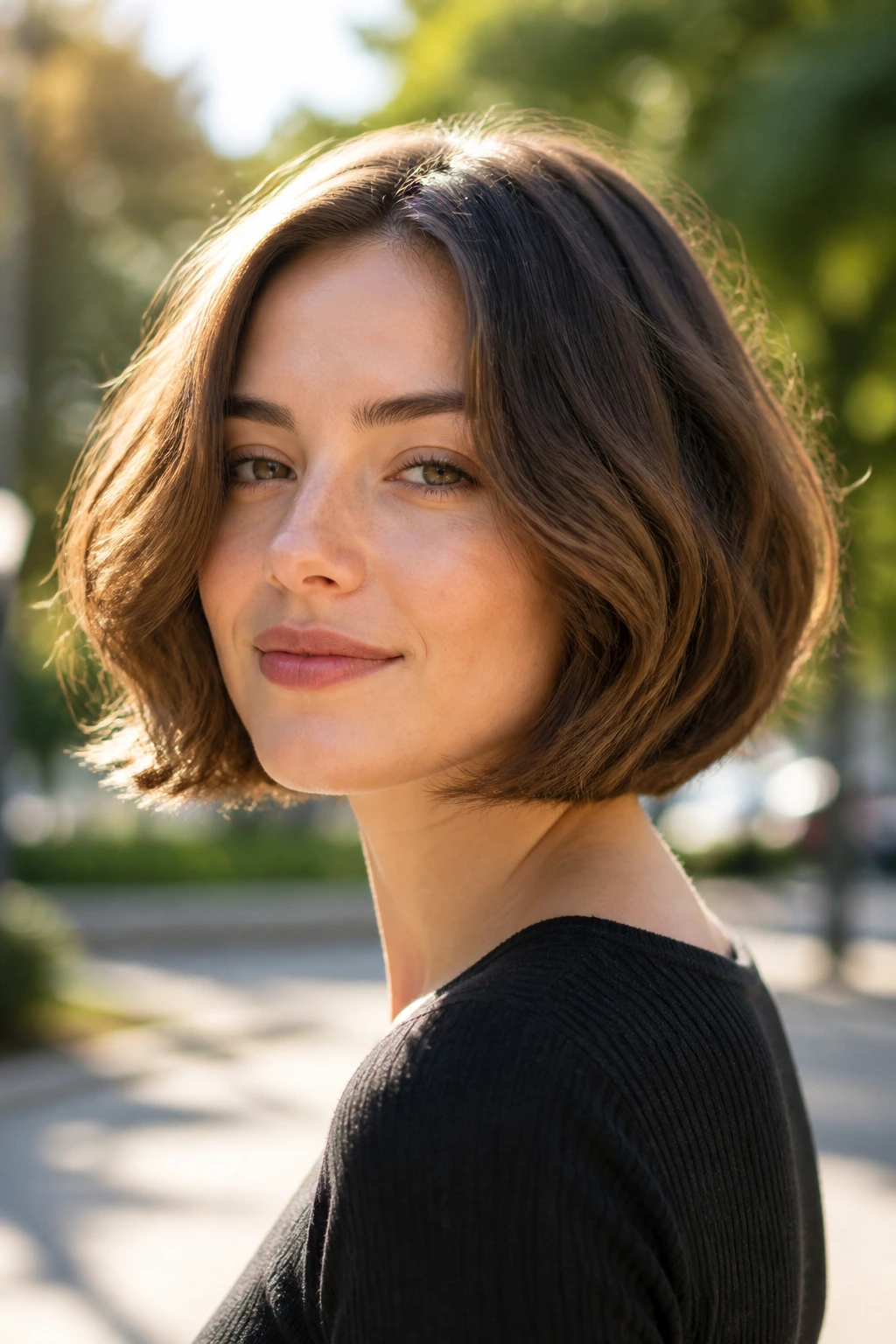 Close-up portrait of a real person with a curled-under rounded bob.