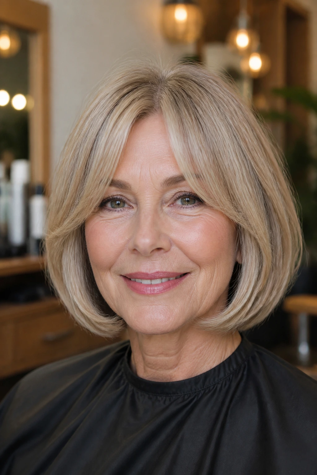 Close-up portrait of a real woman with curled-under bob and clean edges, soft bangs.