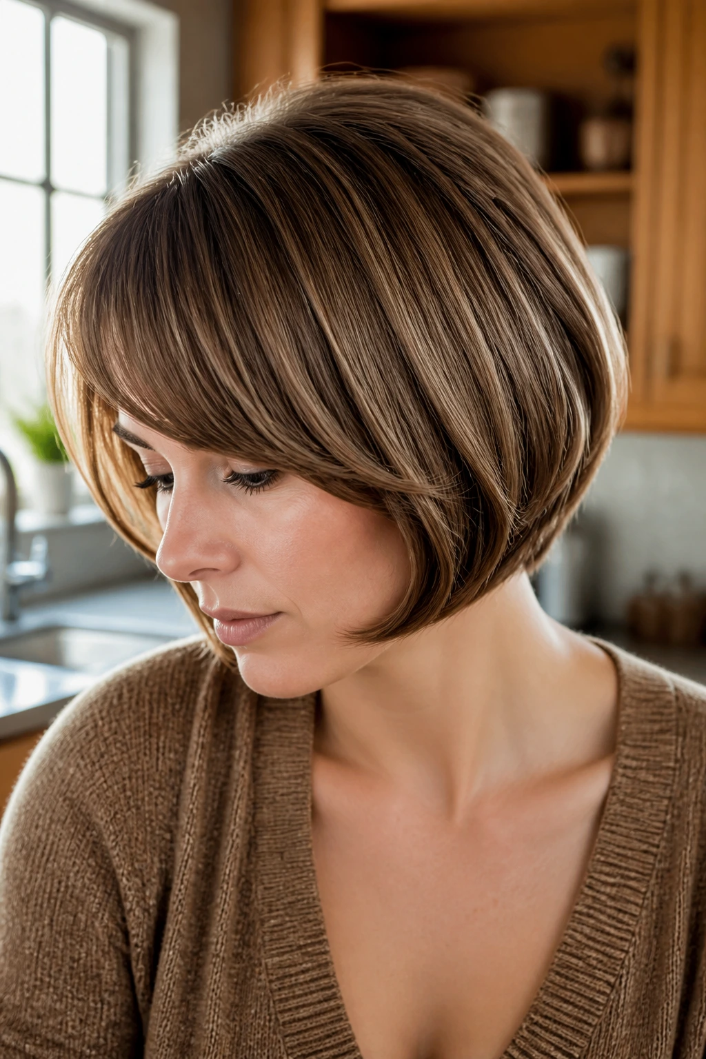 Real person with curled-under bob fringe close-up portrait