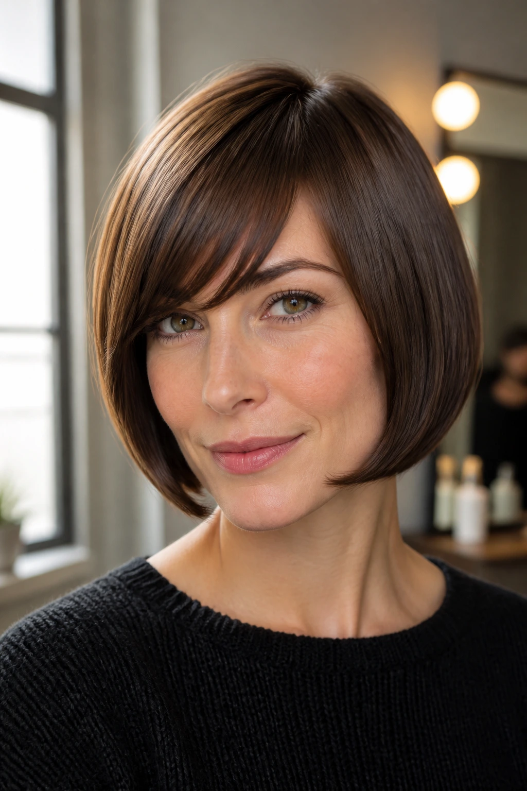 Close-up of a real woman with curled-under chin bob and satin surface, soft lighting