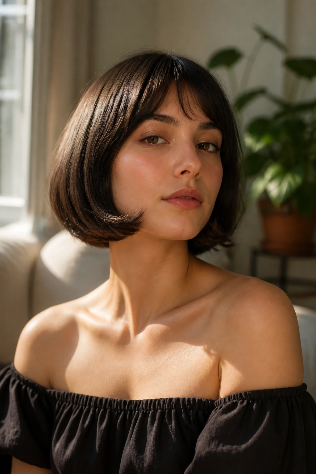 Close-up portrait of a real woman with a curled-under French bob and clean silhouette