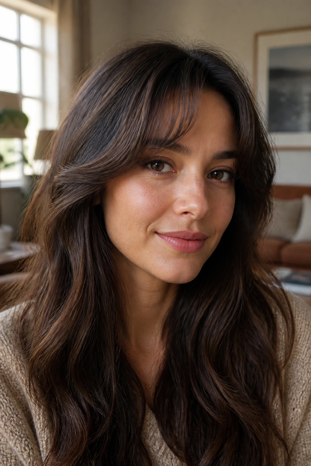 Close-up of a real woman with curled-under fringe, ends tucked under.