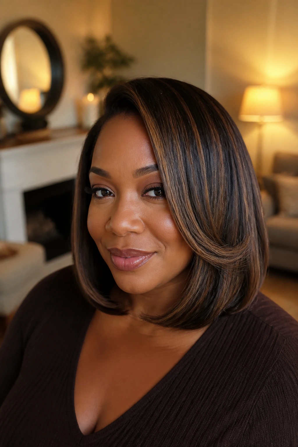Real person with curled-under lob and mocha babylights peeking through the bend