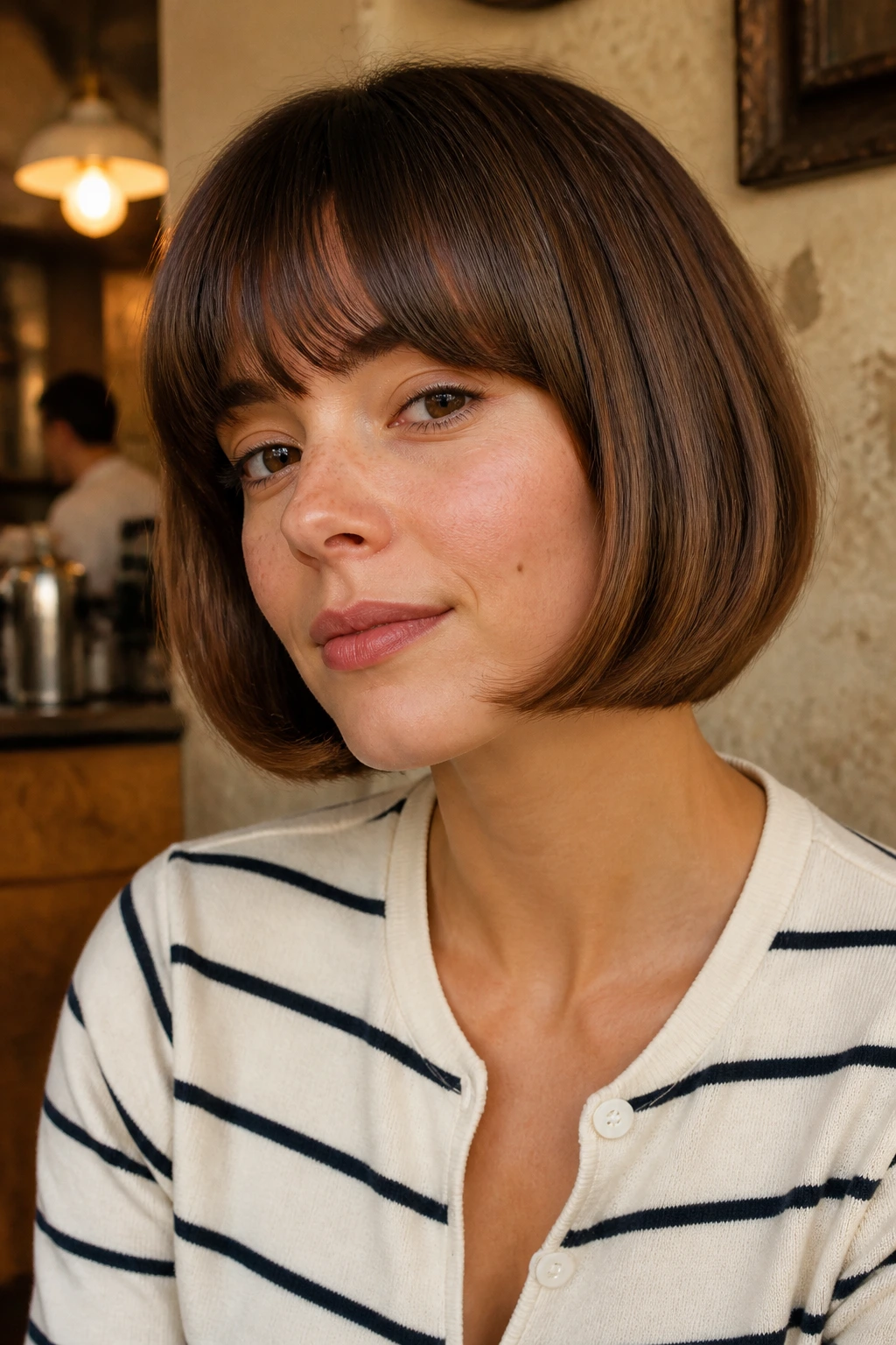 Real woman with curled-under pageboy in retro cafe glow