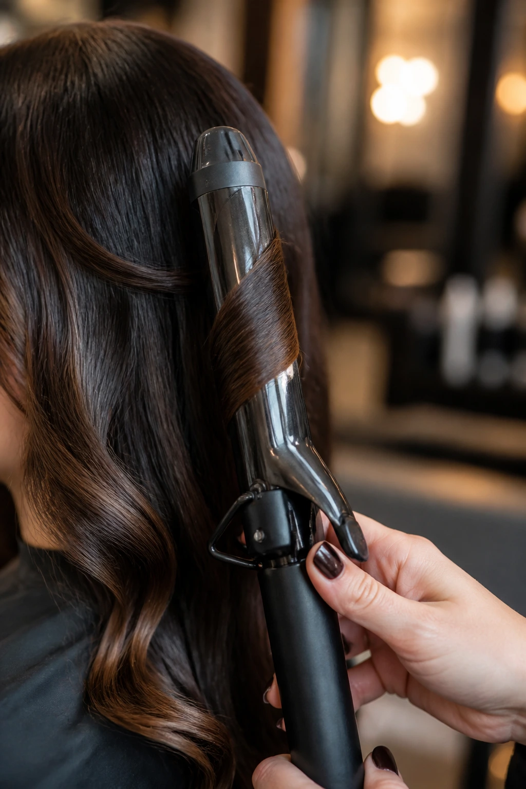 Close-up of a curling iron curling brunette hair in a salon setting