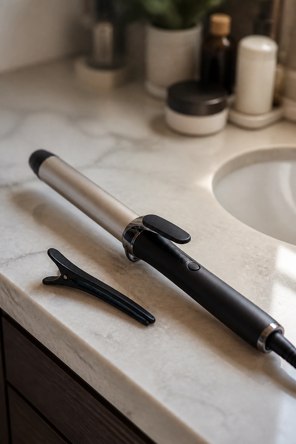 Close-up of curling iron and a clip on a bathroom counter