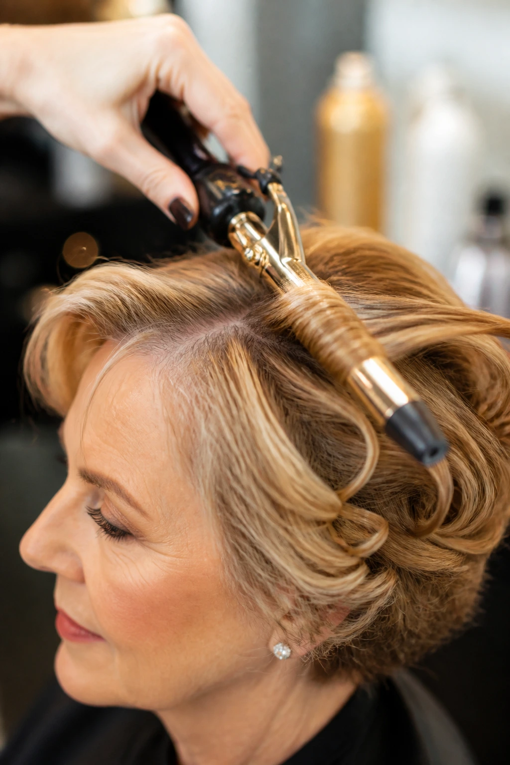 Close-up of curling iron styling a real woman's hair in a salon