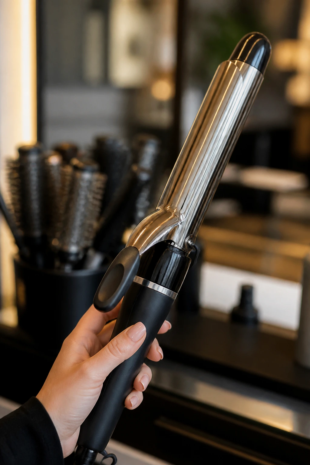 Close-up of a 1.25-inch curling iron held by a stylist in a salon.
