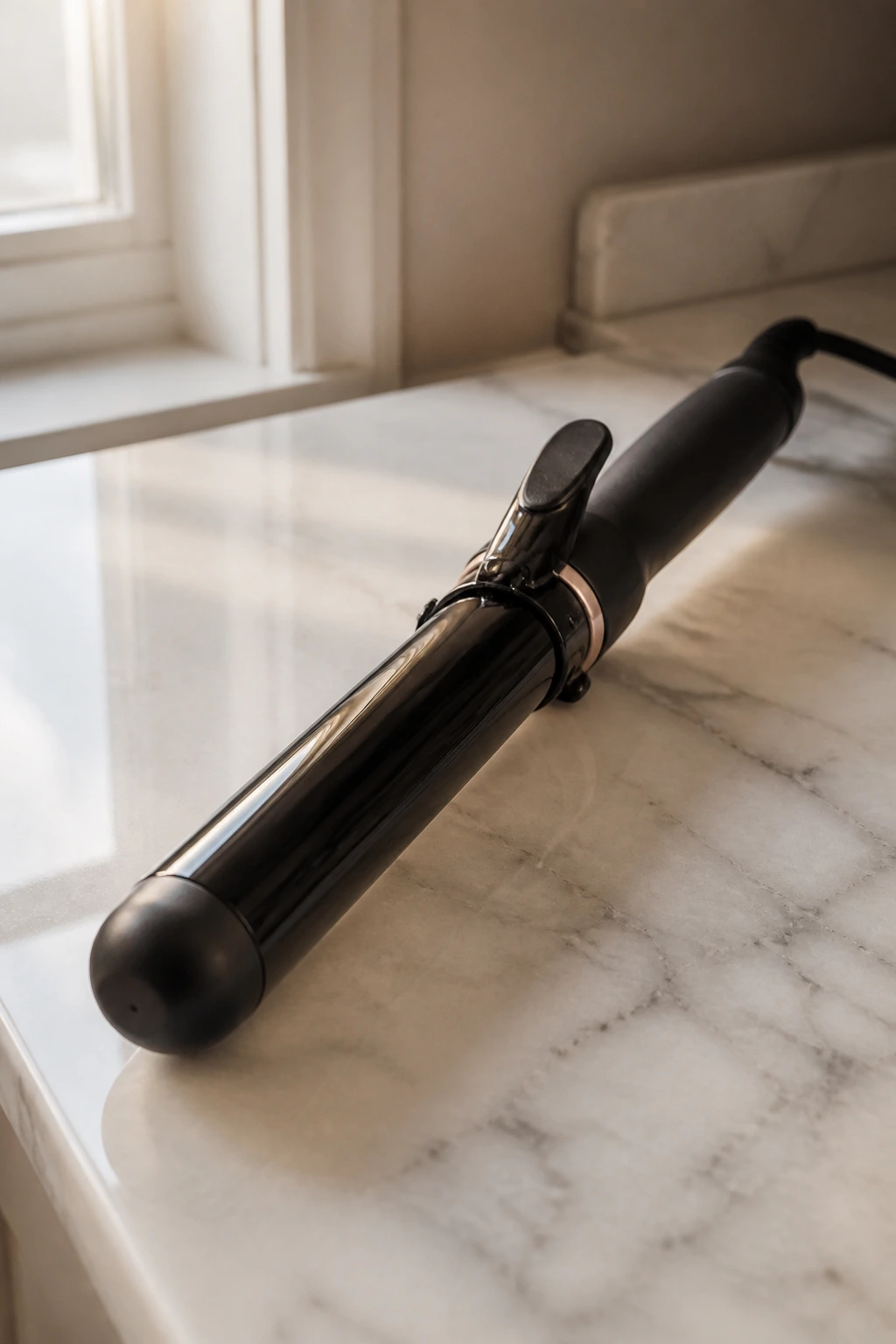 Close-up of a 1.25-inch curling iron on a marble counter