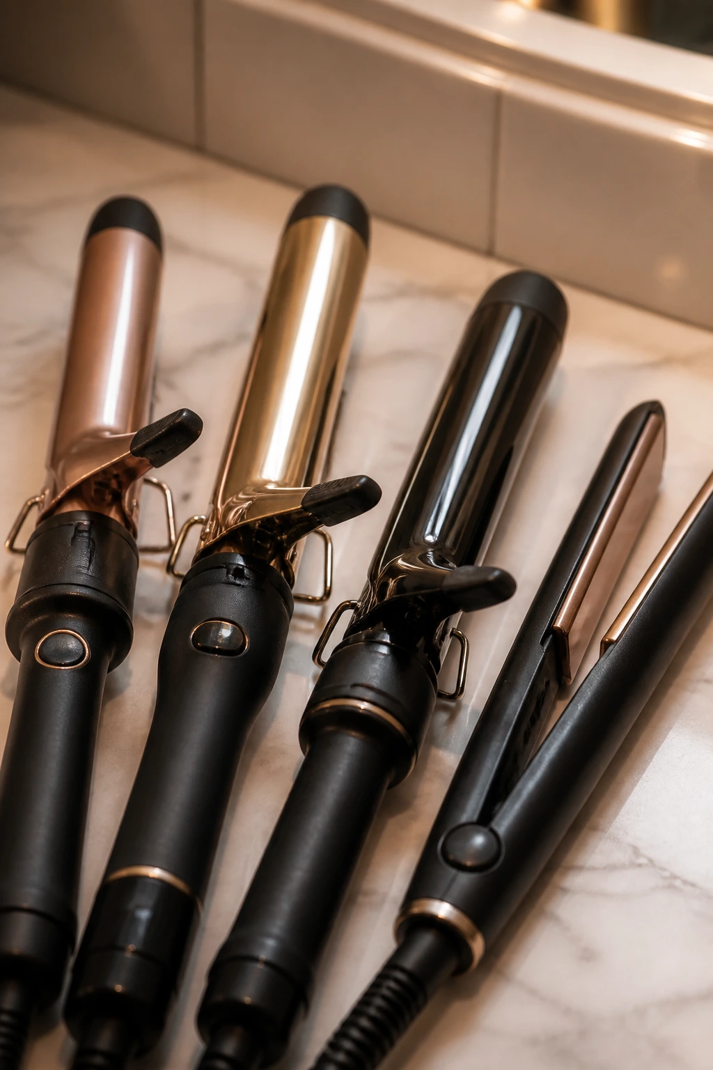 Close-up of curling irons and flat irons on a vanity