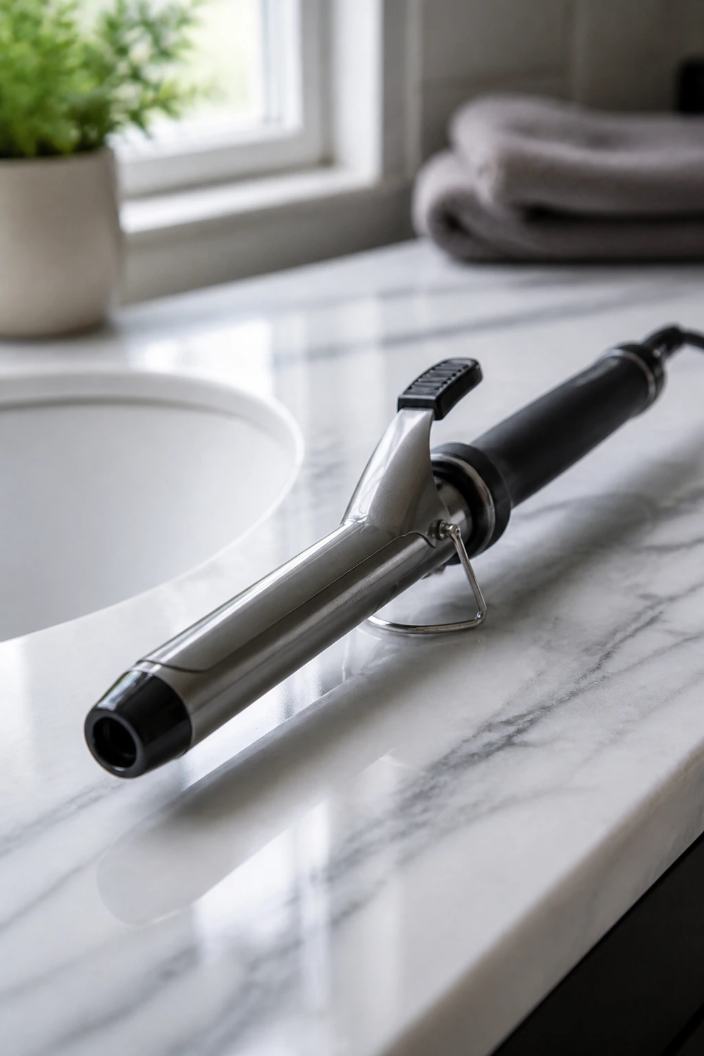 Close-up of a 1-inch curling iron on a marble bathroom counter with soft natural light
