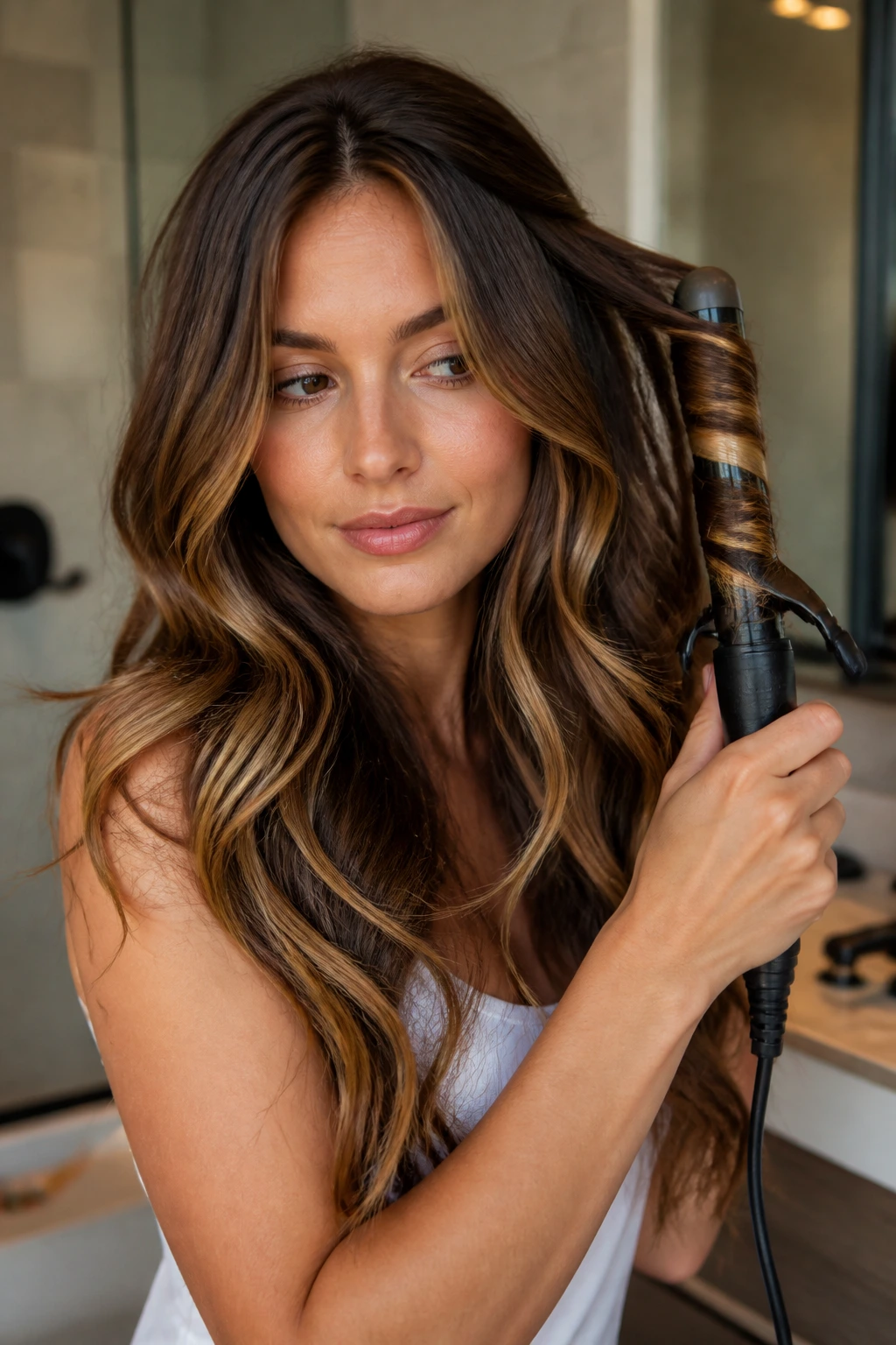Portrait of a real woman styling long layered hair with a curling iron