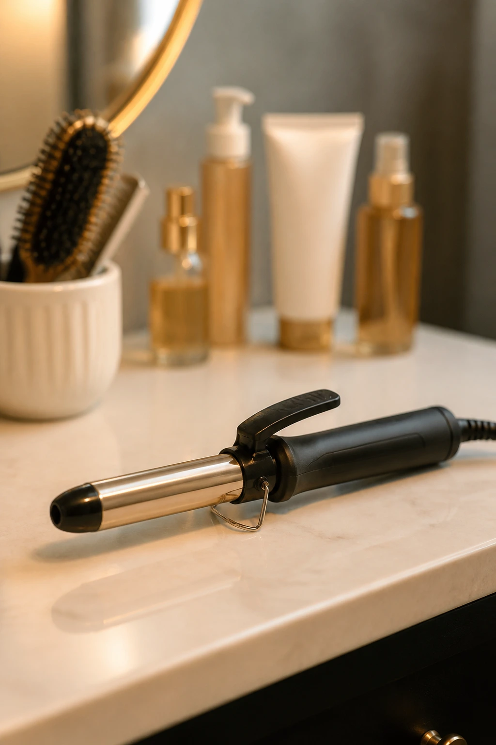 Close-up of a 1-inch curling iron on a vanity, ready to style hair