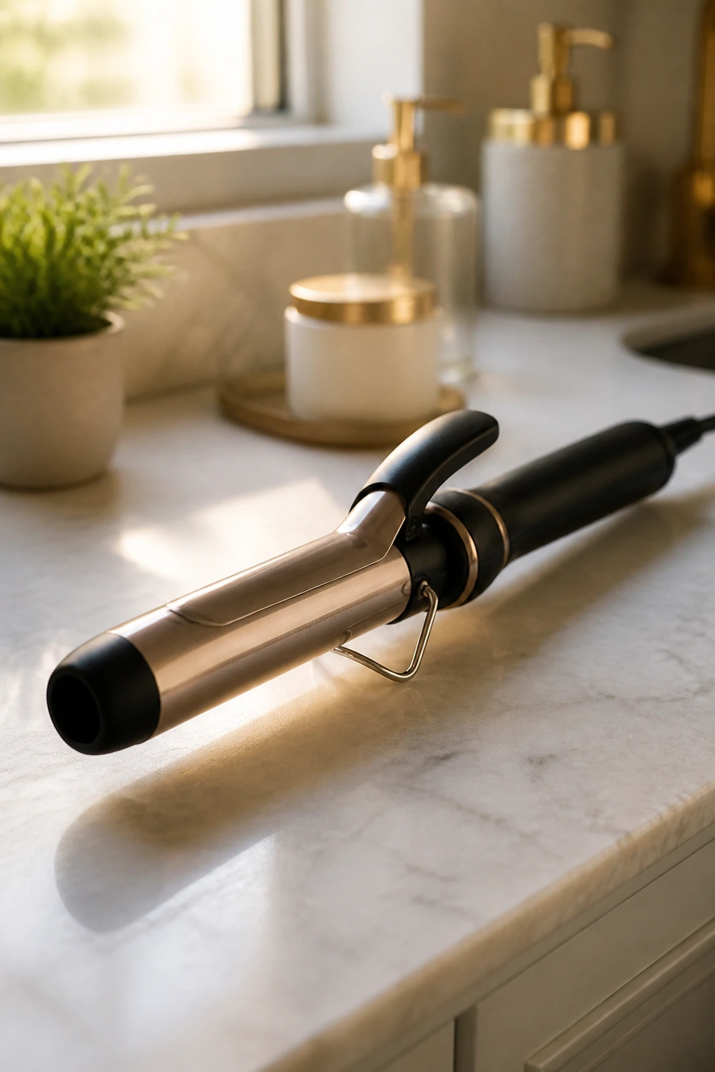 Close-up of a 1.25-inch curling iron on a bathroom vanity, hair styling tool.