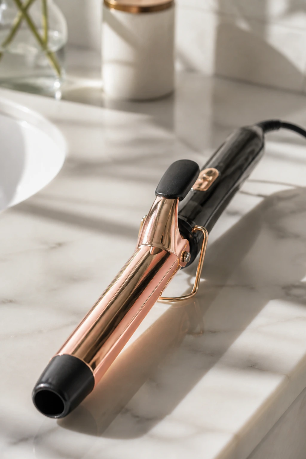 Close-up of a curling iron on a bathroom counter as the focal tool