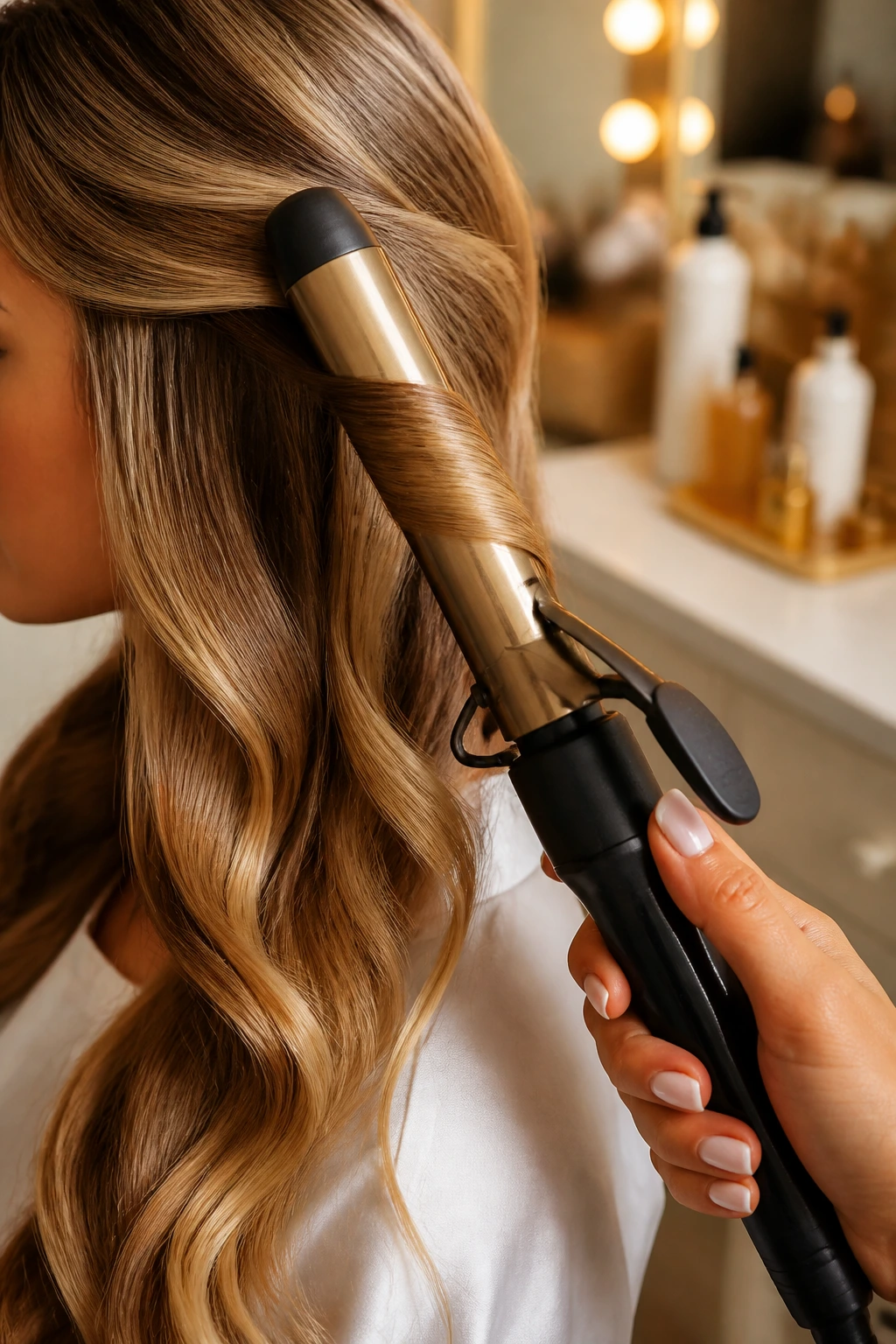 Curling iron clamped on hair at a vanity in a softly lit salon