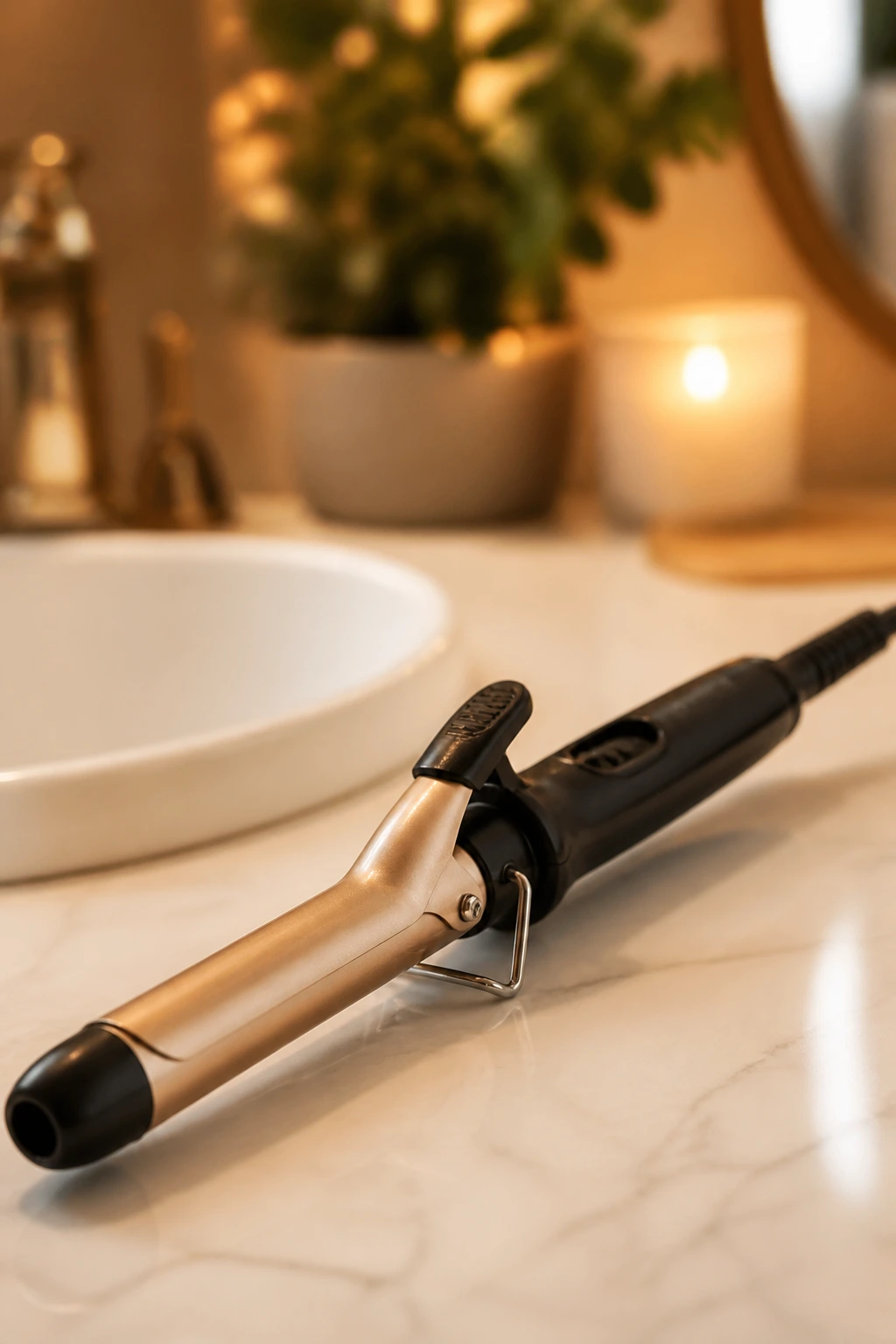 Close-up of a curling iron on a bathroom counter