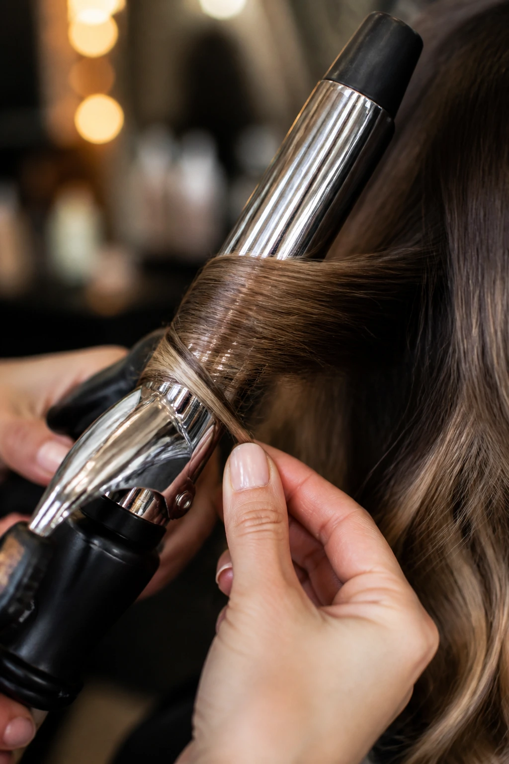 Macro close-up of curling iron gripping a hair strand with a blurred salon background