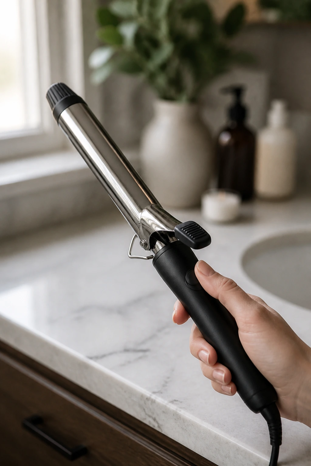 Close-up of a 1-inch curling iron on a bathroom counter.