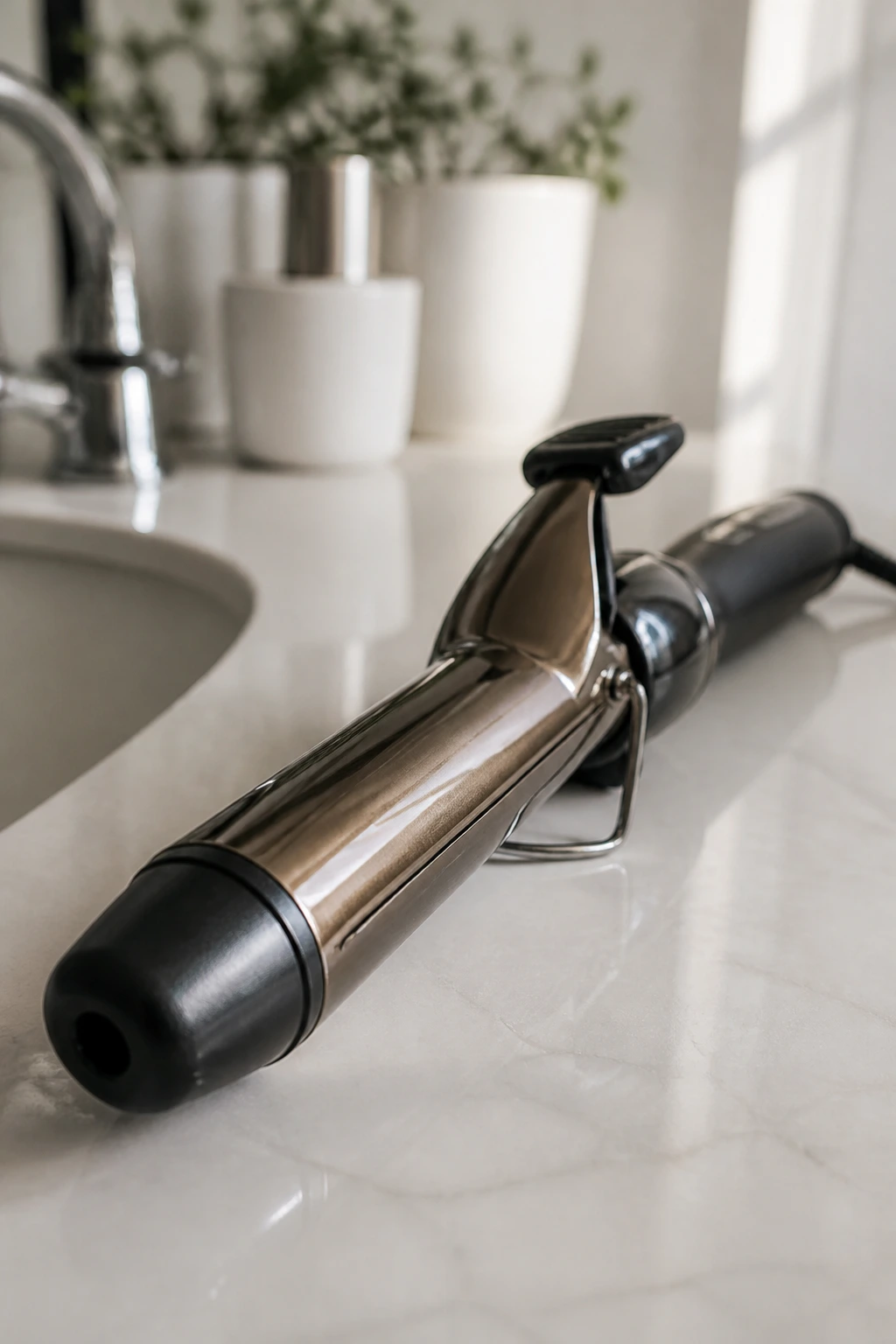 Close-up of a curling iron on a clean vanity under soft light