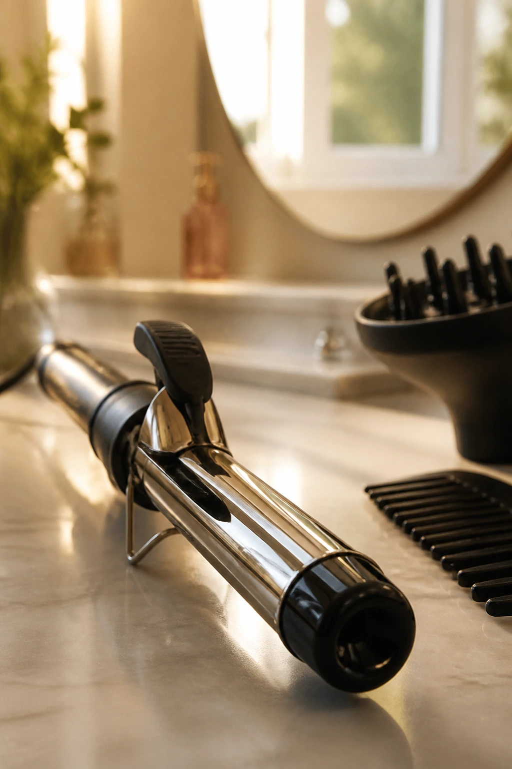 Close-up of a curling iron on a bathroom vanity with warm light