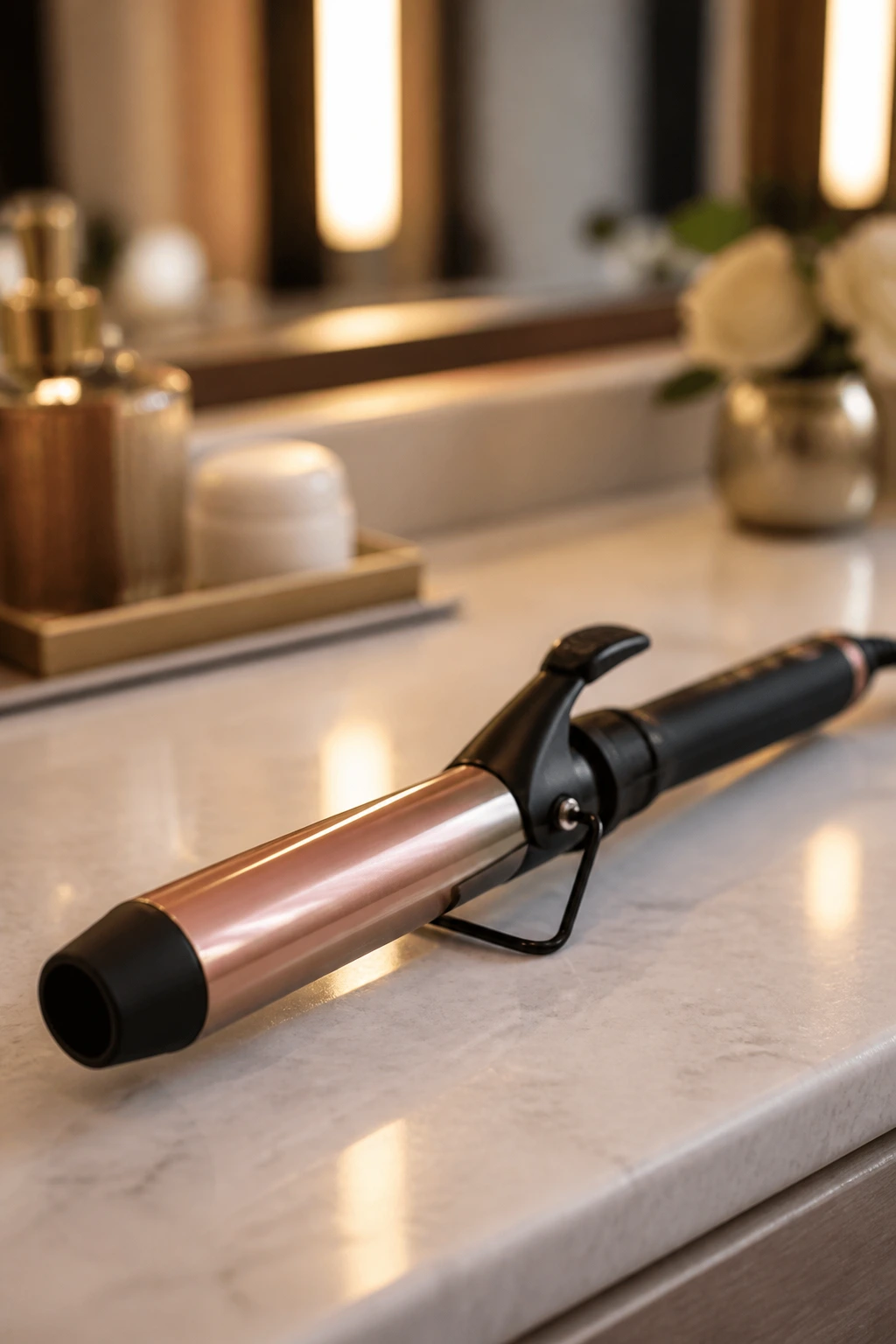 Close-up of a 1-inch curling iron on a bathroom counter