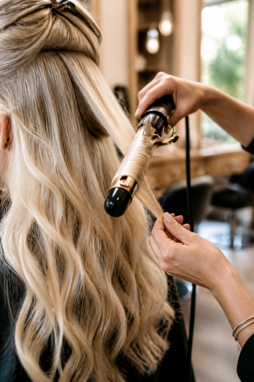 Hands styling long pale blonde hair with a curling iron in a salon.