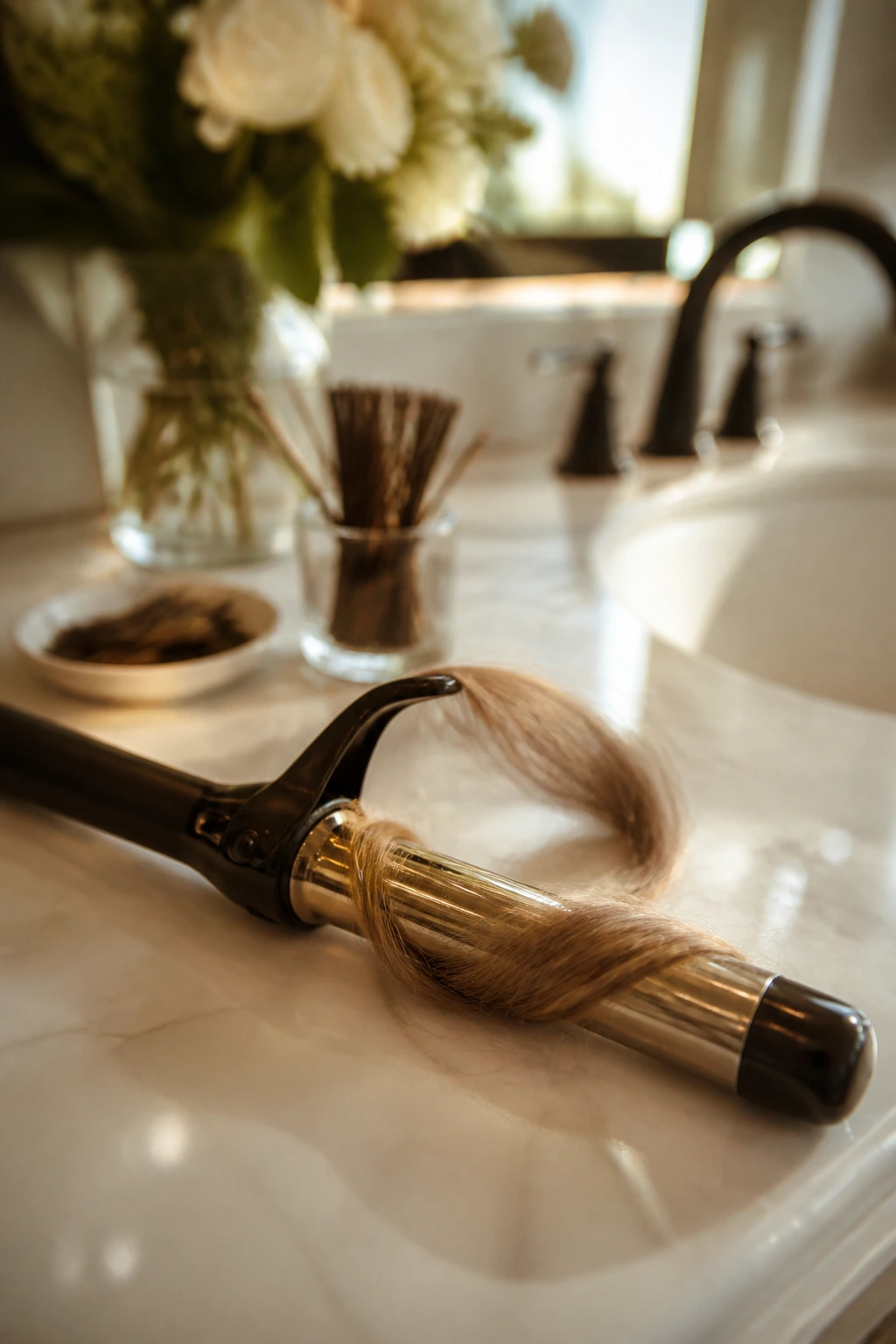 Close-up of curling iron as essential tool for half-up styling on real hair