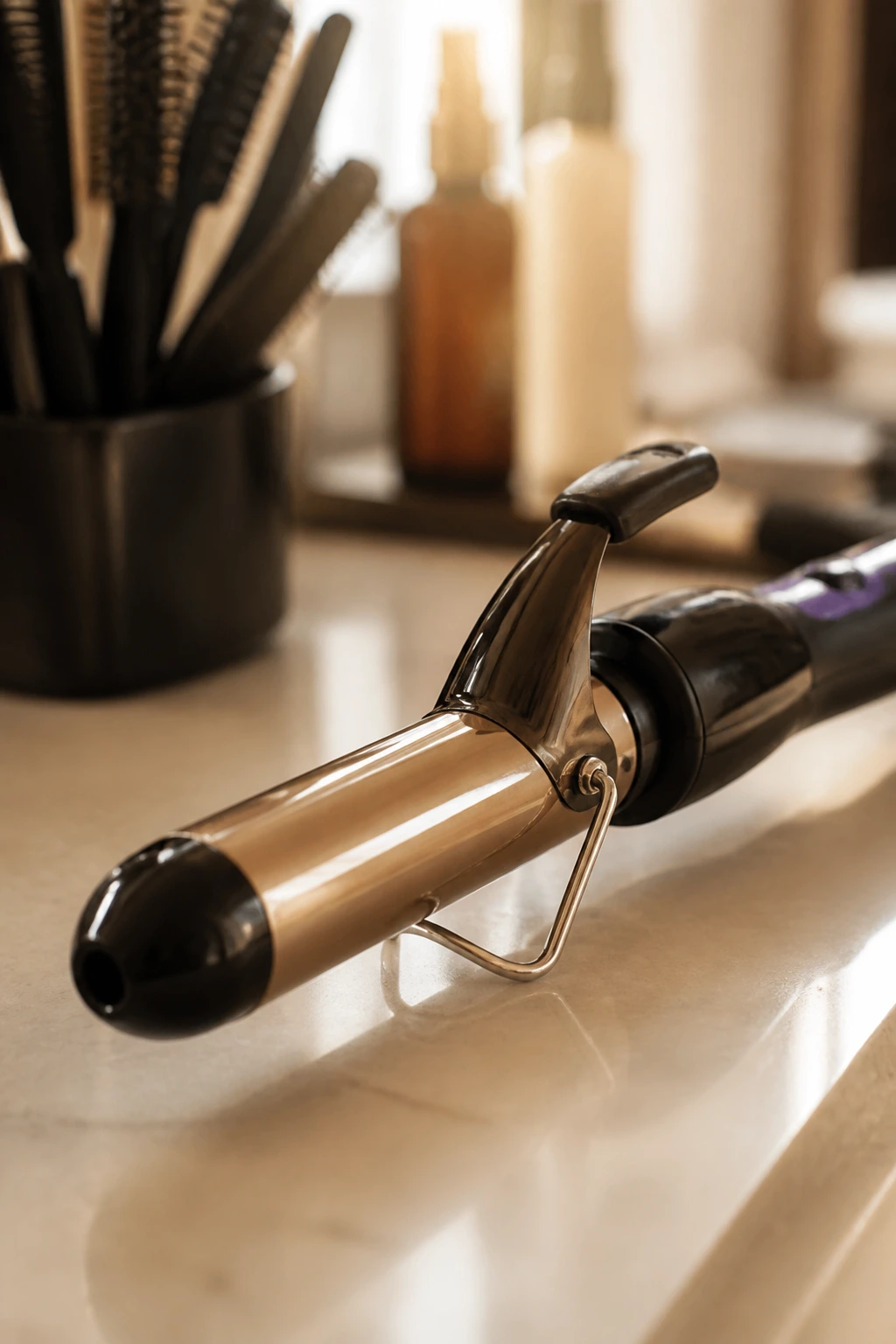 Close-up of a 1.25-inch curling iron on salon surface