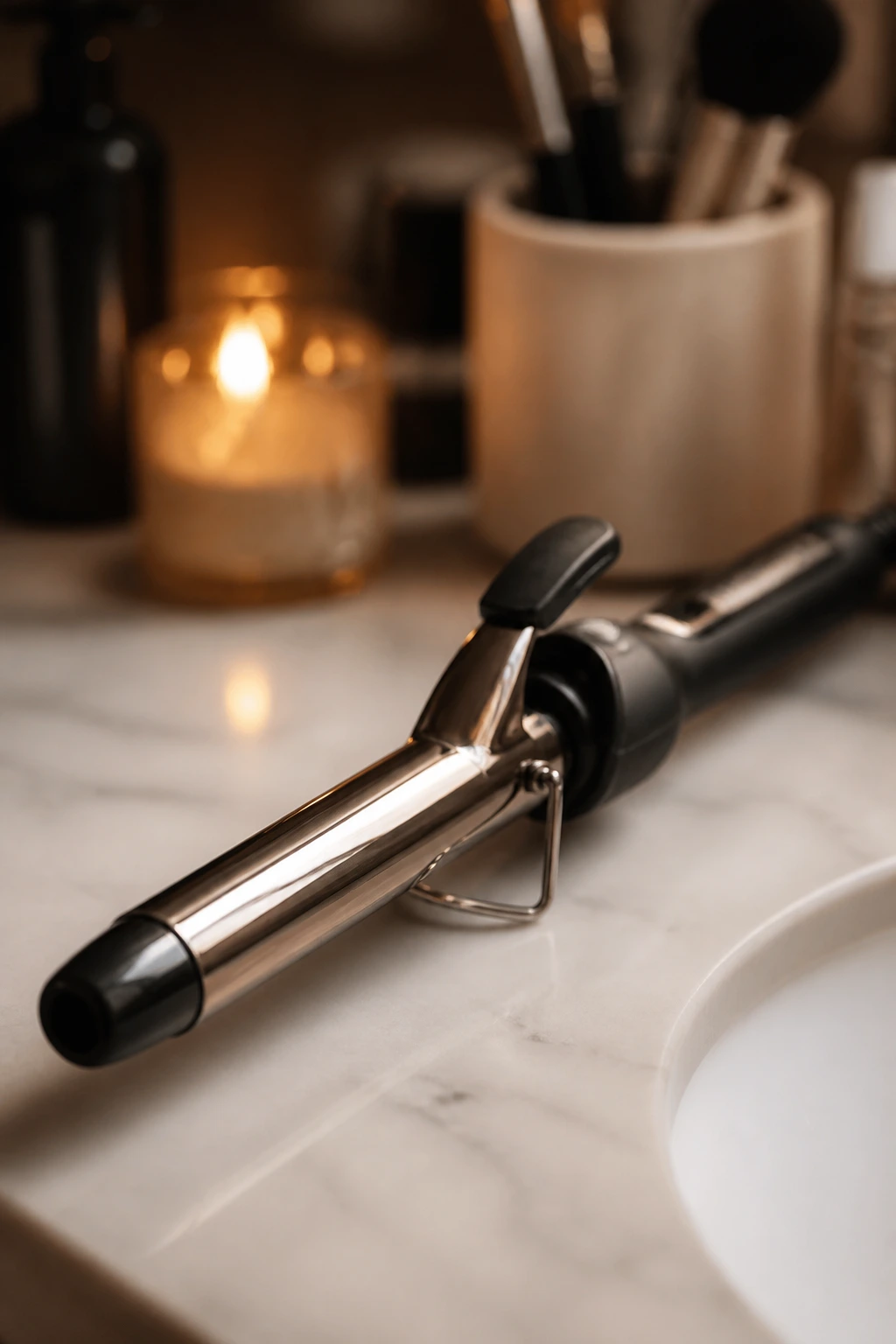 Close-up of a curling iron on a bathroom counter with blurred tools in background
