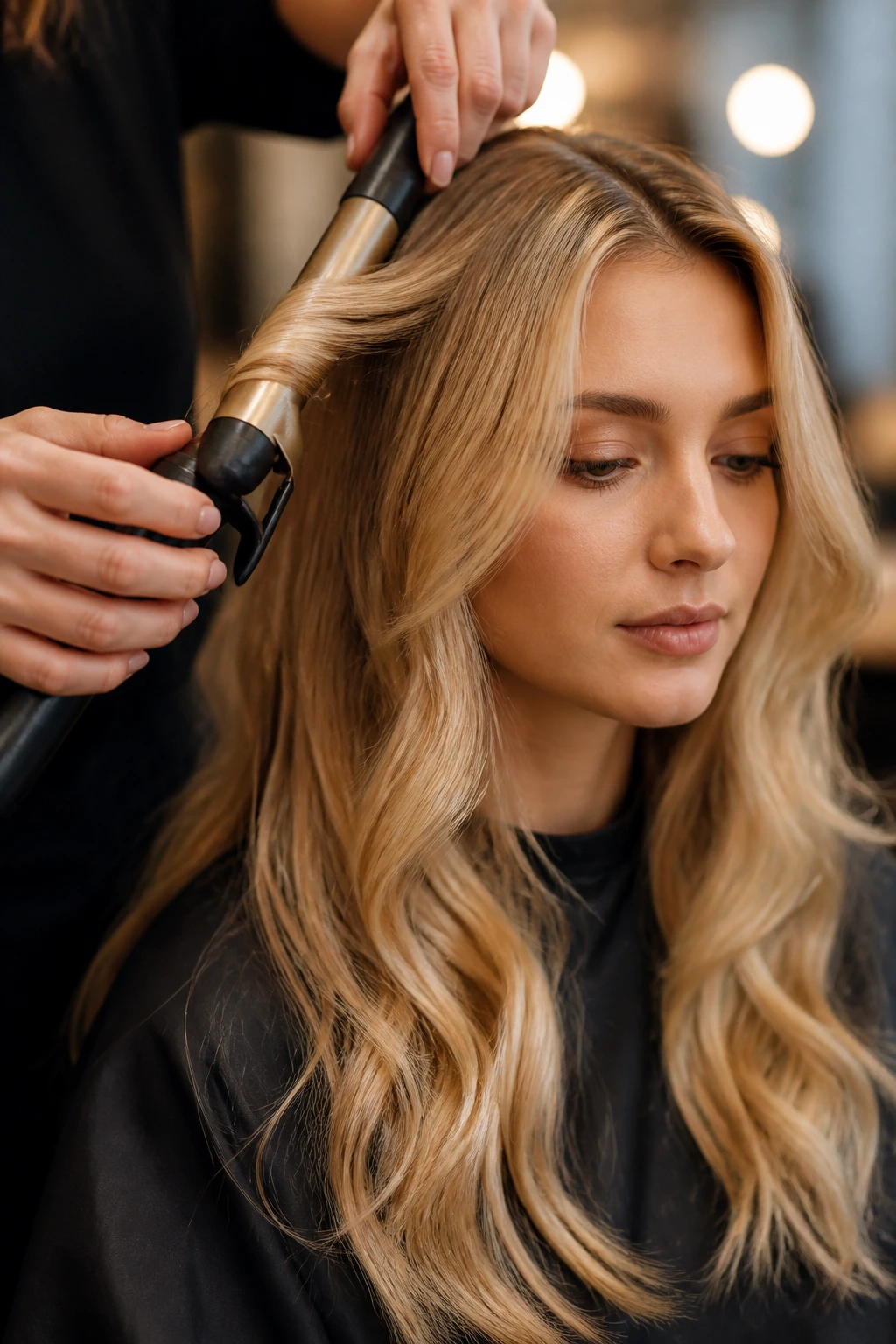 Woman using curling iron on long blonde hair in a warm salon setting