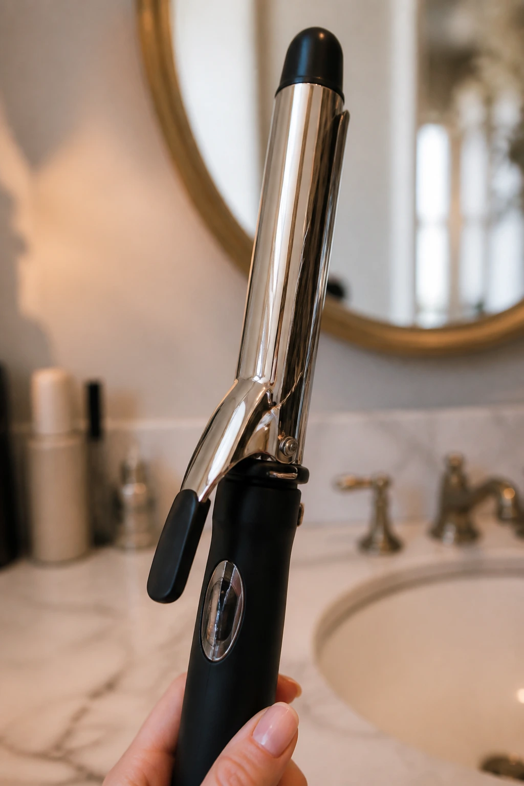 Close-up of a 1.25-inch curling iron in a bathroom setting highlighting a key hair tool