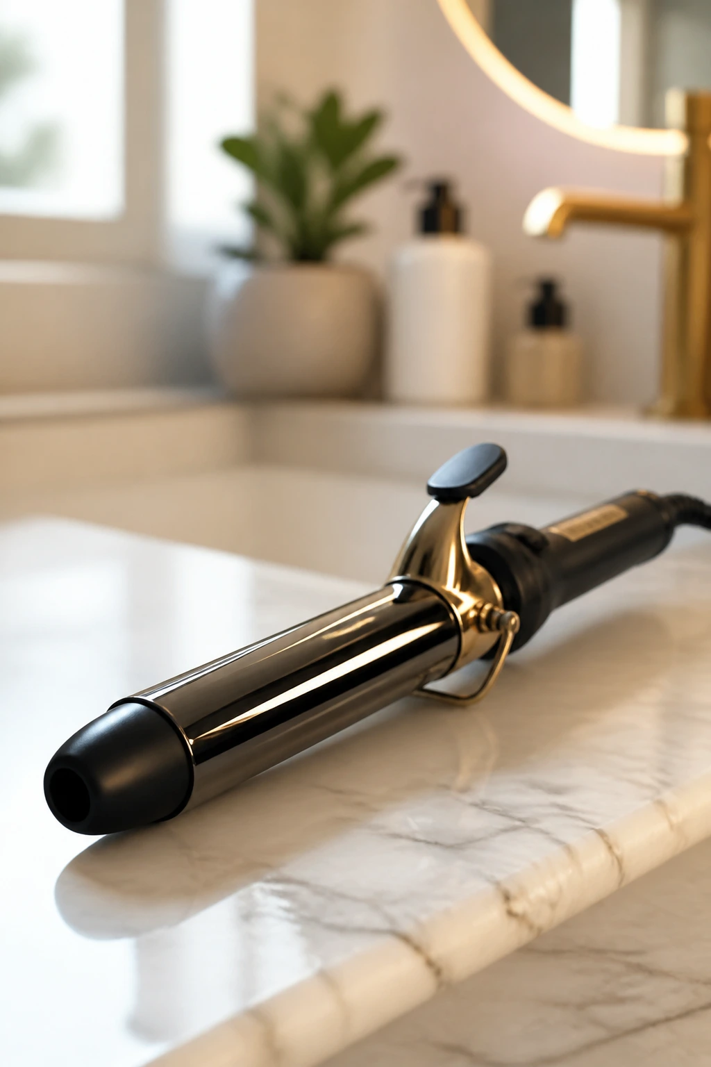 Close-up of a curling iron on a bathroom counter with soft natural light