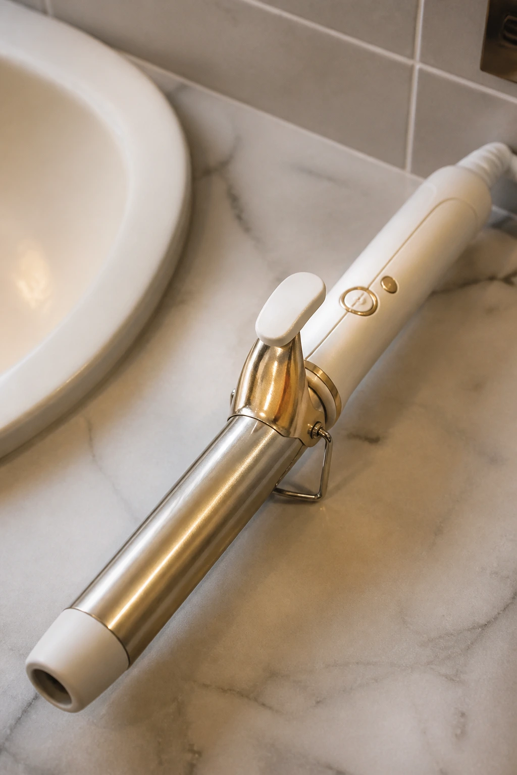 Close-up of a 1-inch curling iron on a bathroom counter