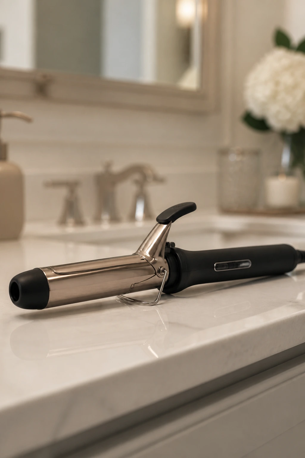 Close-up of a curling iron on a clean bathroom counter.