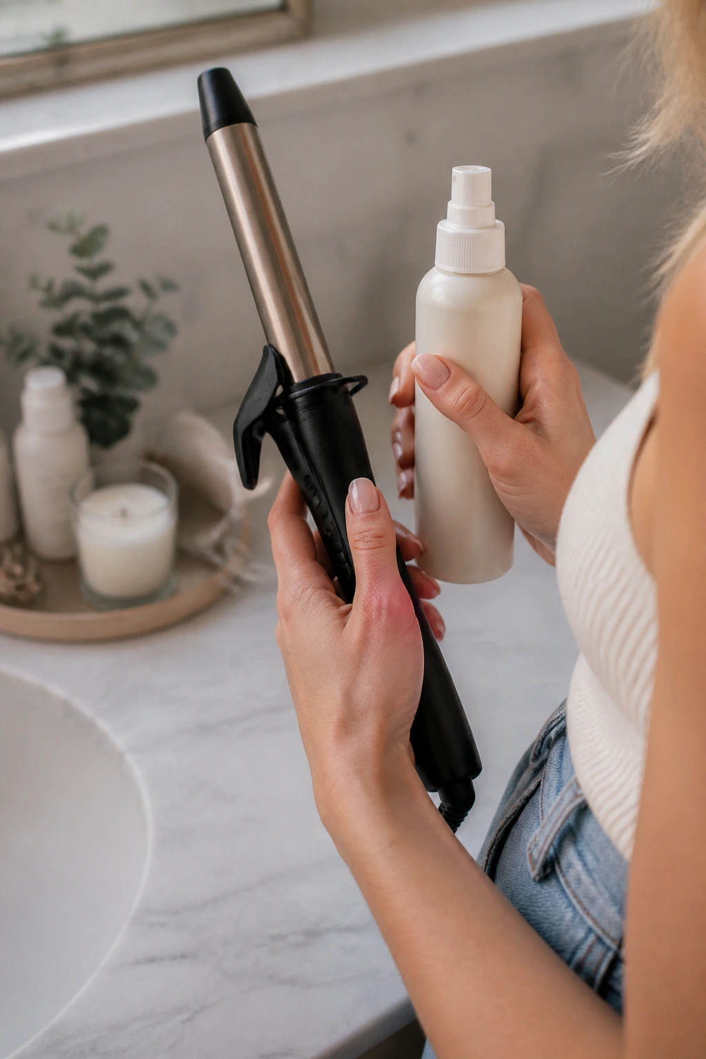 Hands holding 1-inch curling iron and heat protectant on bathroom counter