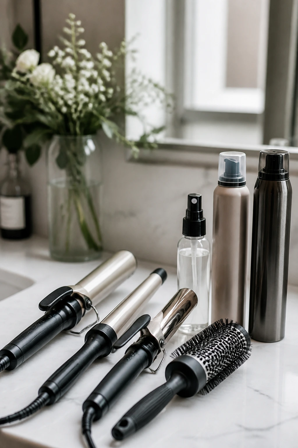 Close-up still life of hair styling tools used for soft curled bobs