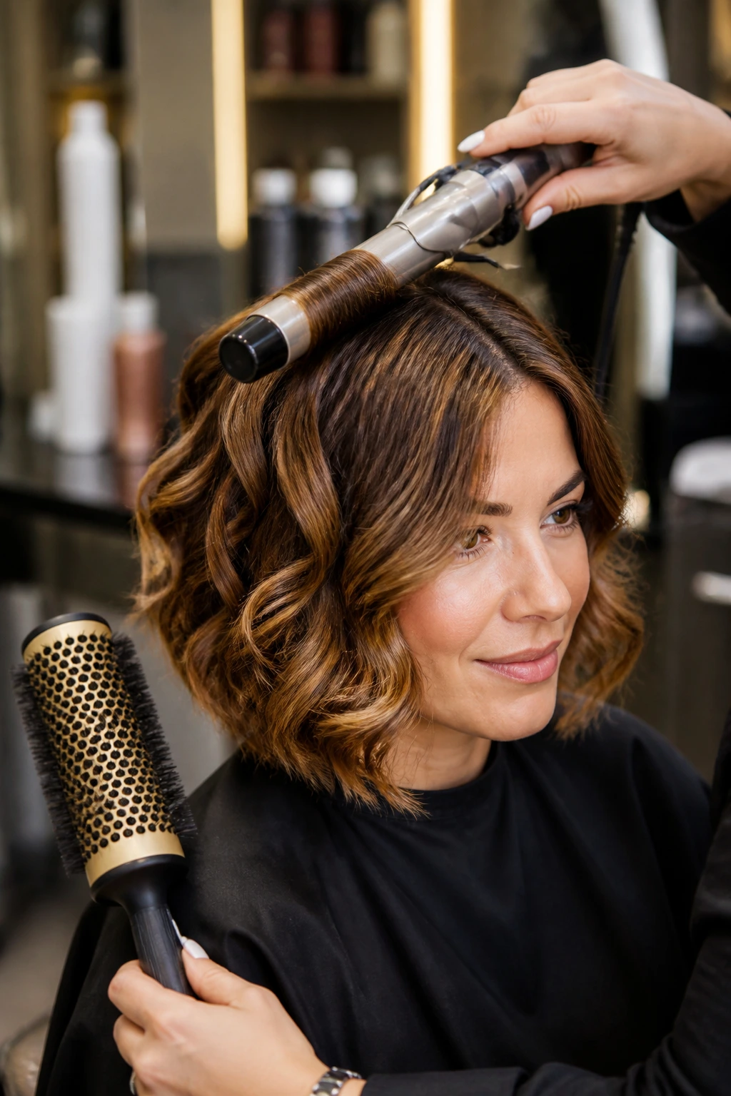 Hands styling thick hair with curling iron and round brush in a salon.