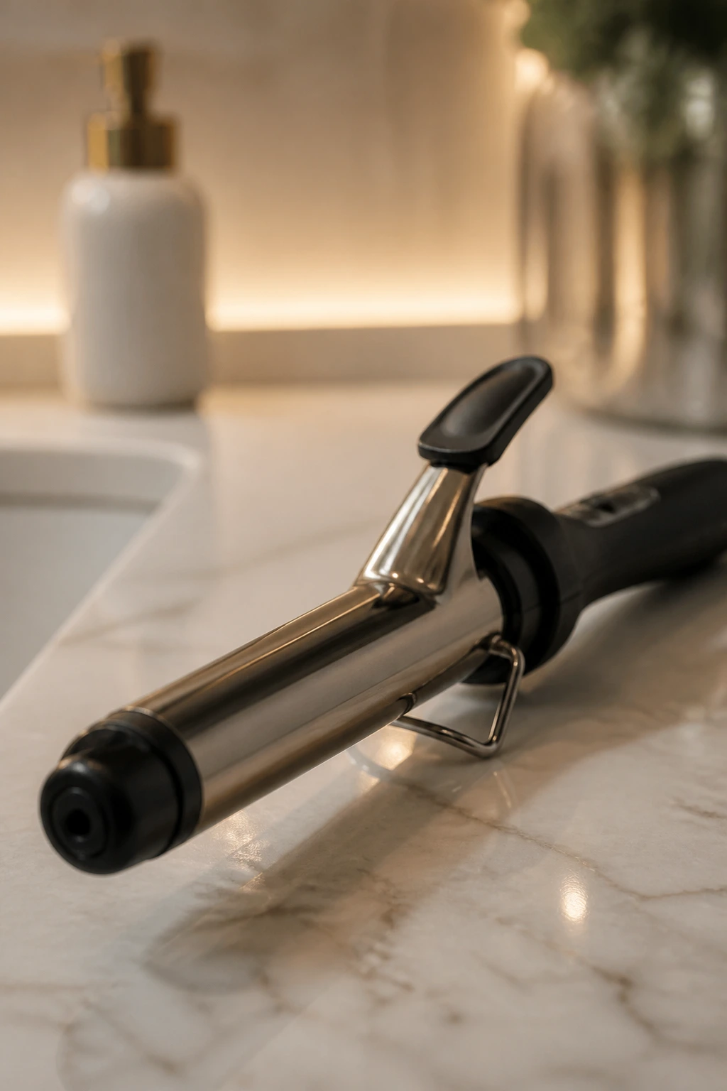 Close-up of a curling iron on a clean bathroom counter