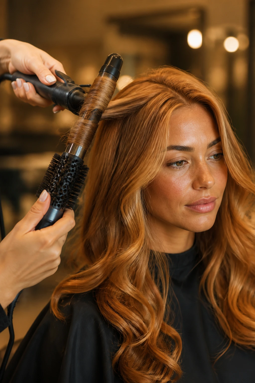 Hands holding curling iron and round brush styling strawberry-blonde hair in a salon.