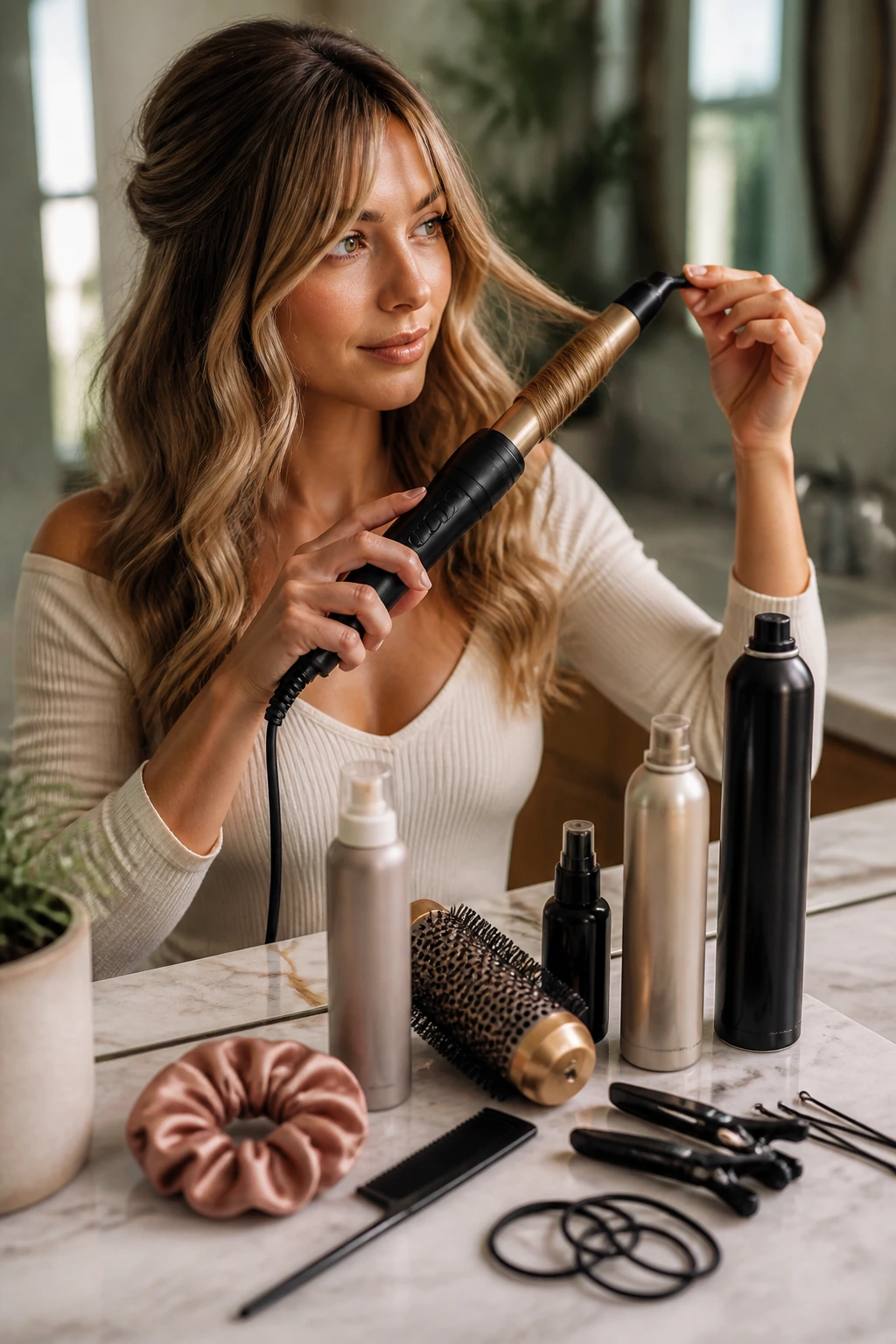 Close-up of hands holding a curling iron with hair styled in waves in a bathroom.