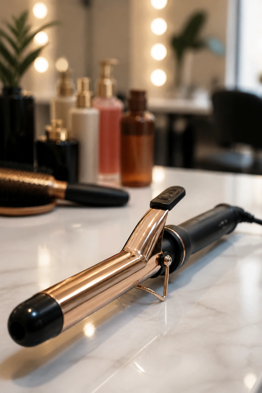 Close-up of a generic curling iron on a salon counter with soft lighting