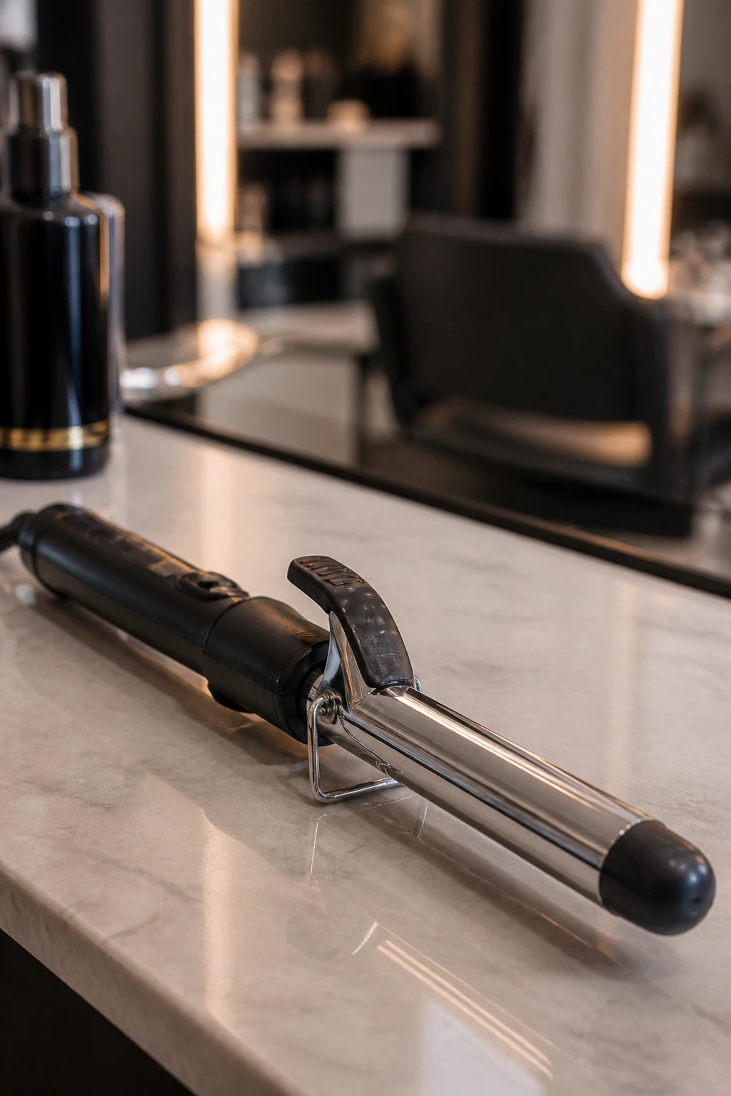 Close-up of a curling iron on a salon counter