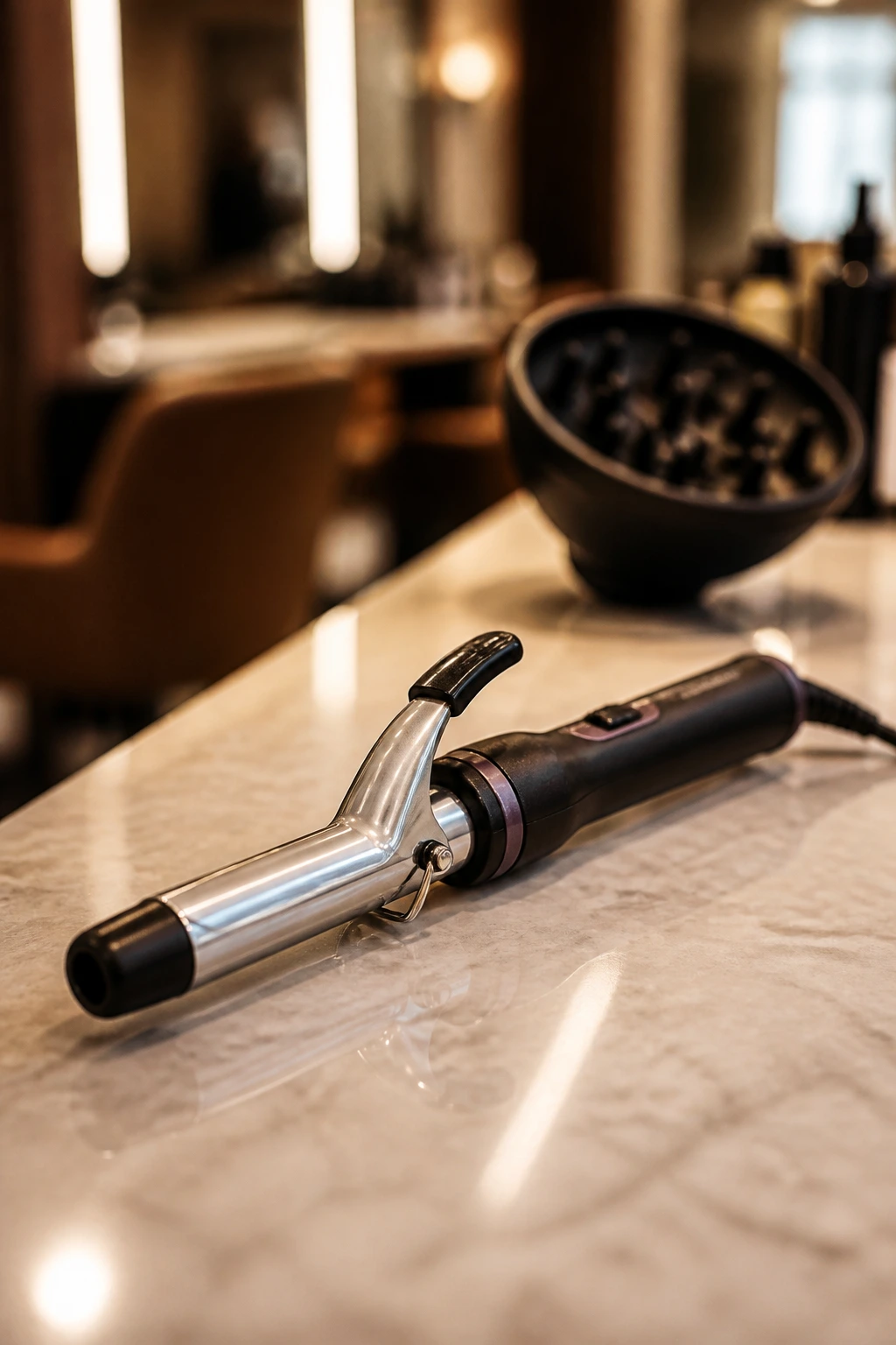 Close-up of a 1-inch curling iron on a salon counter with warm light