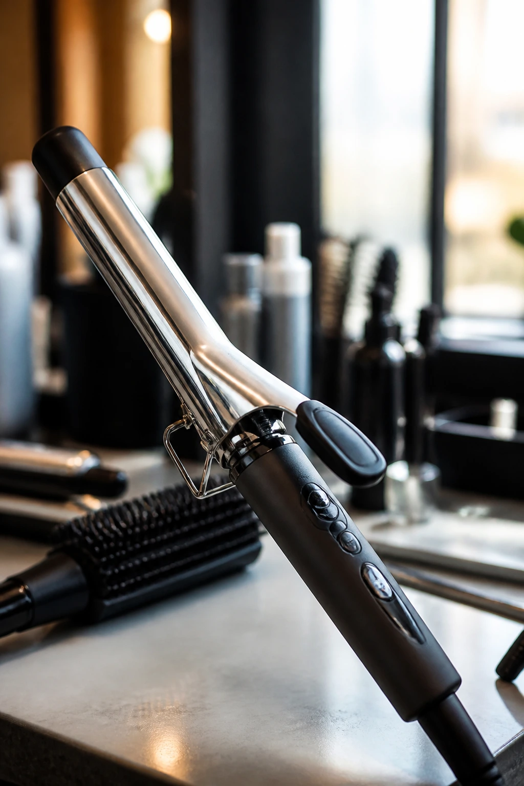 Close-up of a curling iron at a salon station with blurred background
