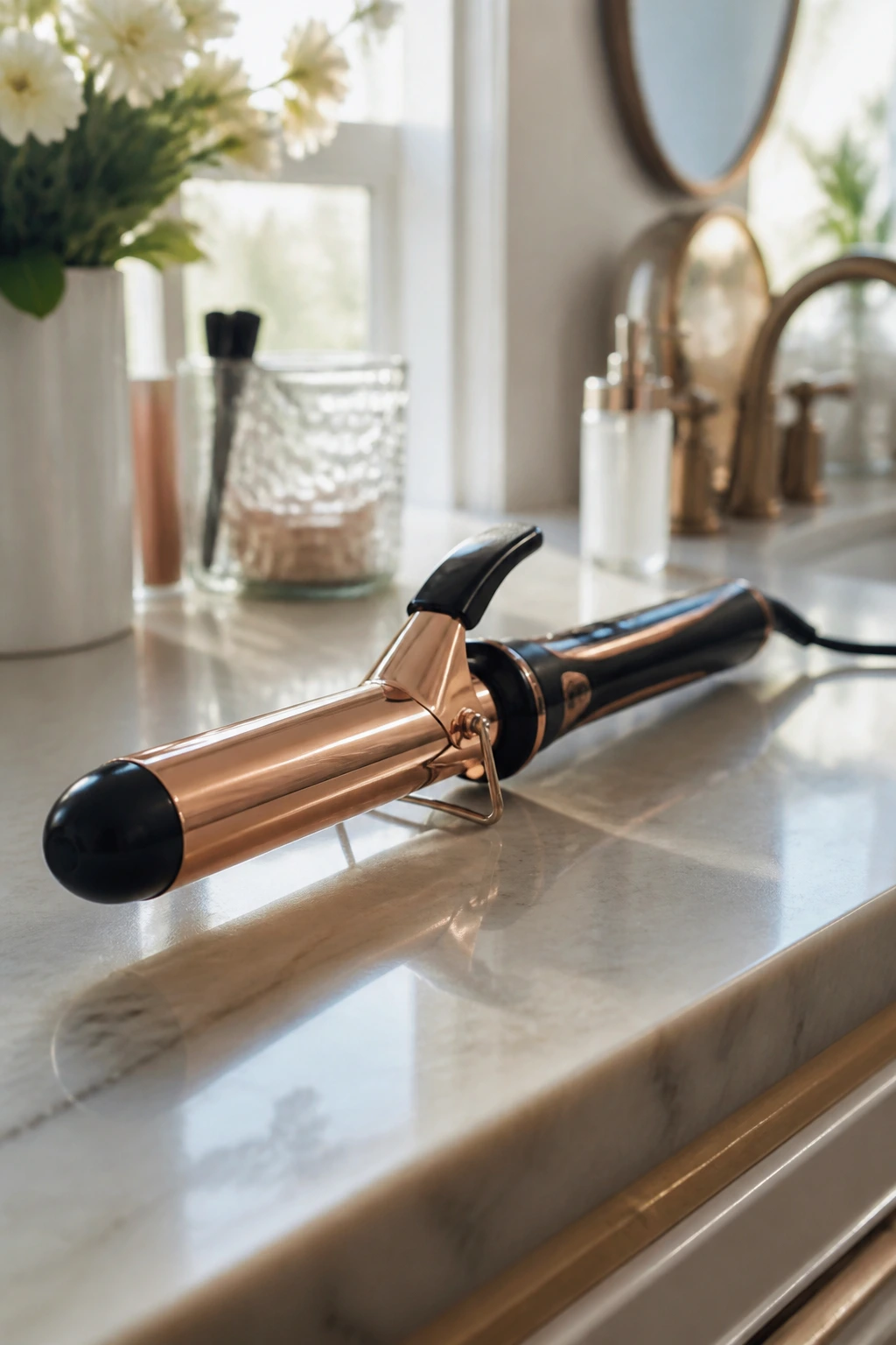 Macro image of curling iron on a vanity, ready for styling strawberry blonde balayage